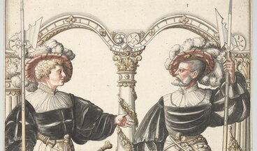 Ein junger und älterer Eidgenosse tragen reich geschlitzte Renaissancetracht und stehen einander in der Öffnung eines Portals gegenüber. Sie beschützen das Wappen und damit die Stadt von Weesen. 