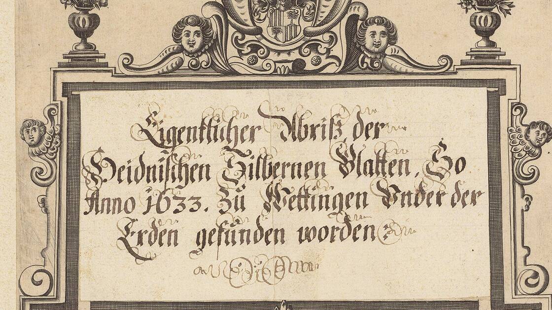 später zu den Handzeichnungen hinzugefügtes Titelblatt. Der den Titel rahmende Kupferstich weist oben in der Mitte ein Wappen der Familie von Salis auf.