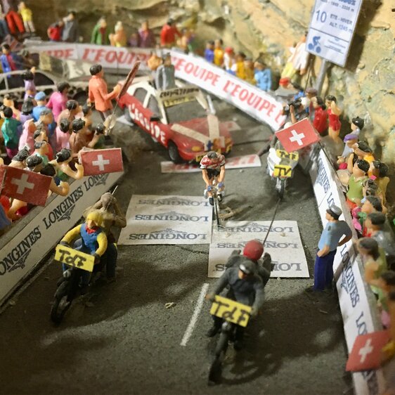 Detail of Beat Breu’s own model depicting his victory at the Alpe d’Huez on 20 July 1982.