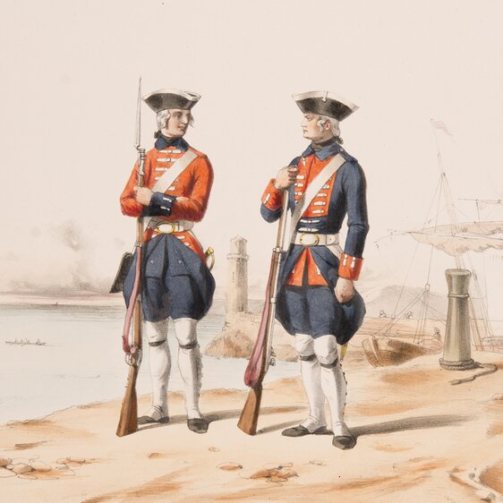 Zwei Söldner des Regiments Karrer, 1763. Handzeichnung nach 1850.