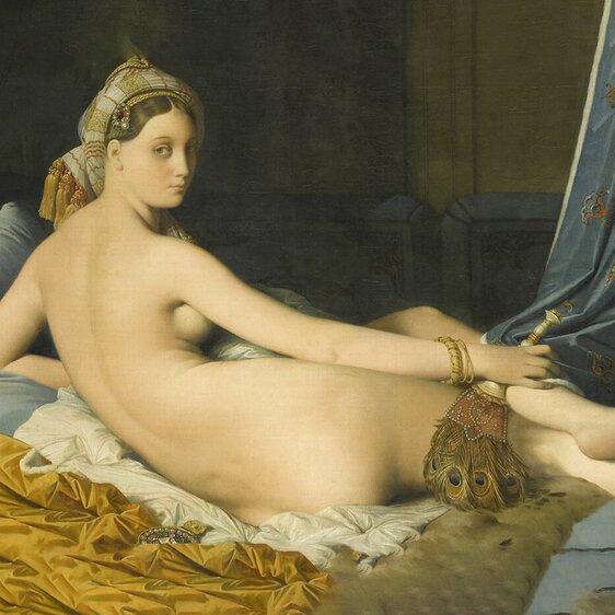 «Die grosse Odaliske» trägt nichts ausser Schmuck, Turban und einen reich verzierten Fächer aus Pfauenfedern, wie ihn schon die Ägypter kannten. Orientalistisches Gemälde von Jean-Auguste-Dominique Ingres, 1814.