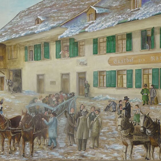 In 1959, Walter Lehmann painted the emigrants departing from in front of the Rössli restaurant in Rothrist.