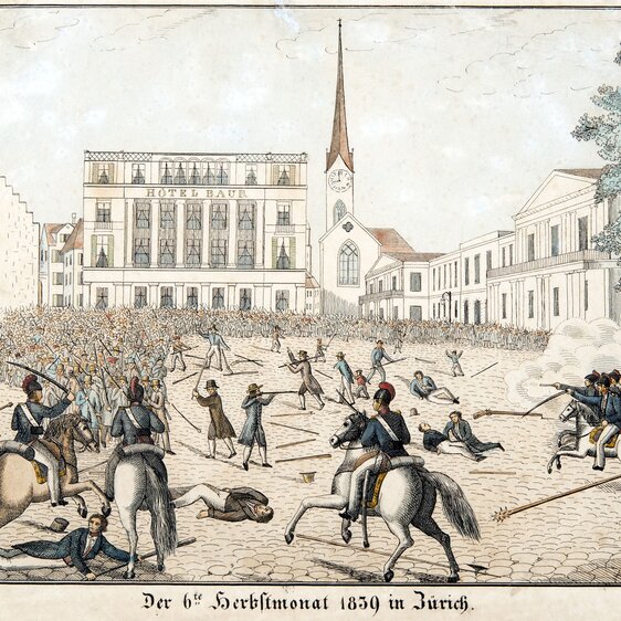 Kämpfe auf dem Paradeplatz zwischen Regierungstruppen zu Pferd und aufständischem Landvolk, hinten das Hotel «Baur en Ville» und das Fraumünster.