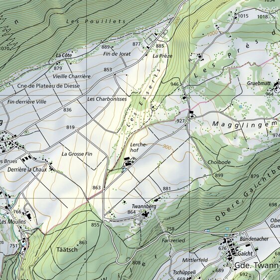 La toponymie nous montre que les aires linguistiques francophone et germanophone se rejoignent au-dessus de la ville de Biel-Bienne.