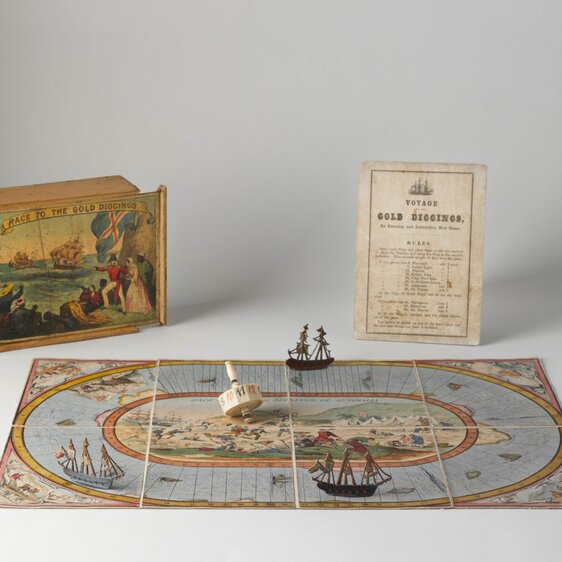 Jeu de société intitulé «La course aux mines d’or», vers 1855.