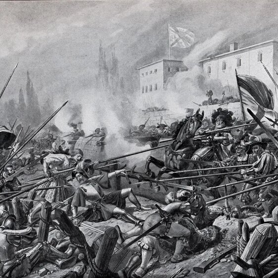 Die Schlacht bei Bicocca zwischen den Truppen des Kaisers Karl V. und des Königs Franz I. am 27. April 1522.