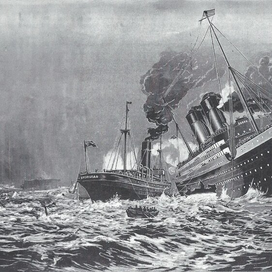 Illustration der Kollision aus dem Christian Herald vom 11. Juni 1914. Mit KI erweitert.