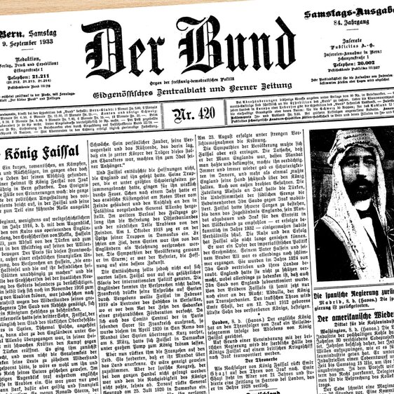 «Der Bund» meldet am 9. September 1933 den Tod des Irakischen Königs Faysal I. in Bern.