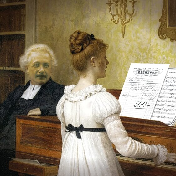 Albert Einstein verhalf der Klavierlehrerin Rosa Schmid zu ihrem Recht. Illustration von Marco Heer.