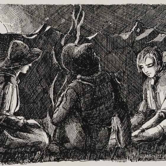 Postkarte «Am Lagerfeuer», gezeichnet von Pfaderin Elsa Denner, 1940.