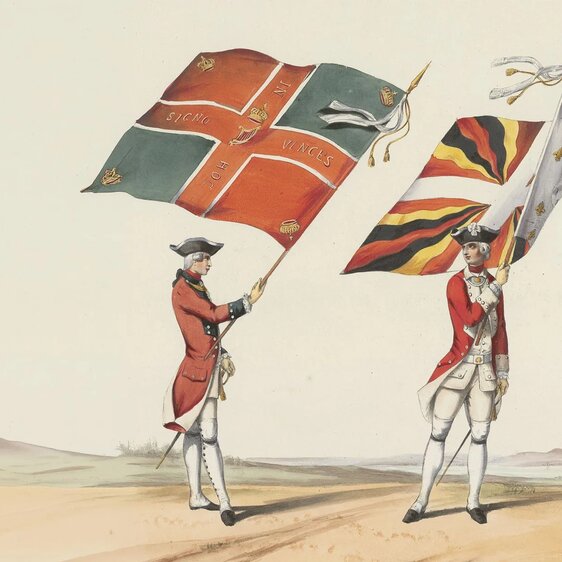Banner tragenede Offiziere des irischen Regiments de Bulkeley und des Schweizerregiments von Eptingen, Druckgraphik aus dem Jahr 1772.