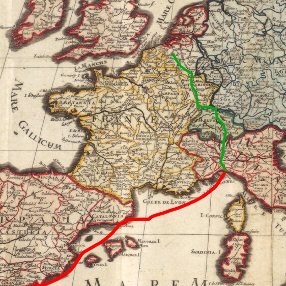 Carte de l’Europe centrale, vers 1670. À partir de 1604, les troupes espagnoles eurent l’autorisation de traverser les cantons catholiques de la Confédération pour se rendre aux Pays-Bas.