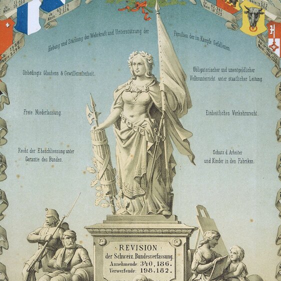 Ausschnitt aus einer Gedenktafel an die Verfassungsrevision von 1874. Erst im Rahmen dieser Revision wird die Glaubens- und Gewissensfreiheit für alle – auch für die jüdische Minderheit – festgeschrieben.