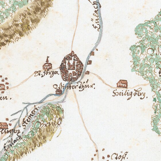 Karte von Winterthur und Umgebung, um 1709.
