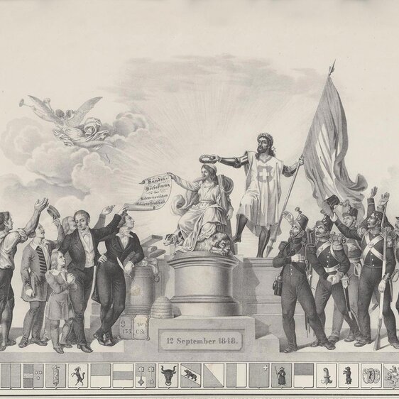 Helvetia, enthroned in the centre, is crowned with a laurel wreath as she brandishes the new Federal Constitution. Instead of the usual allegories, she is flanked on both sides by citizens depicted in military uniform and in civilian dress, embodying the people as the supreme political authority.