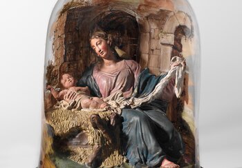 Marie et l’Enfant Jésus, Ildefons Curiger (1782-1841), vers 1810-1820, Einsiedeln SZ, terre cuite, pièce originale, globe de verre peint Objet prêté par l’abbaye d’Einsiedeln, collection d’art | © Musée national suisse