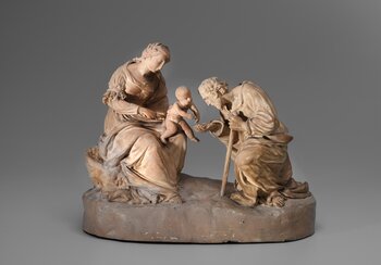 Mary with the Infant Jesus and shepherd, Ildefons Curiger (1782-1841), ca. 1820, Einsiedeln (Canton of Schwyz), fired clay, painted in monochrome  Loan from Einsiedeln Abbey, art collection | © Swiss National Museum