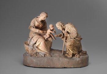 Maria mit Jesuskind und Hirt, Ildefons Curiger (1782–1841), um 1820, Einsiedeln SZ, Ton gebrannt, monochrom gefasst. Leihgabe Kloster Einsiedeln, Kunstsammlung | © Schweizerisches Nationalmuseum