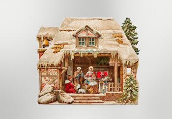 Folding nativity scene in a winter setting, ca. 1920, Switzerland or Germany, cardboard, paper, printed, embossed, die-cut, gelatin paper  Loan from the Spielzeug Welten Museum (Toy Worlds Museum) Basel | © Spielzeug Welten Museum Basel