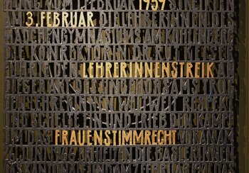 Protests | © Bettina Eichin (b. 1942), Plaque commemorating the women teachers’ strike, 1999. Gymnasium Leonhard, Basel-Stadt Education Department, Basel