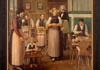 In ländlichen Regionen wie im Freiamt, im Freiburger Sensebezirk, im Onsernonetal, im Wallis und im Zürcher Unterland wird ab dem 16. Jahrhundert Strohflechterei betrieben. Kinder erledigen einfache Flechtarbeiten, oftmals den ganzen Tag, manchmal auch nachts. Strohflechterfamilie im Aargauer Freiamt. Um 1840, Maler unbekannt. Schweizerisches Nationalmuseum