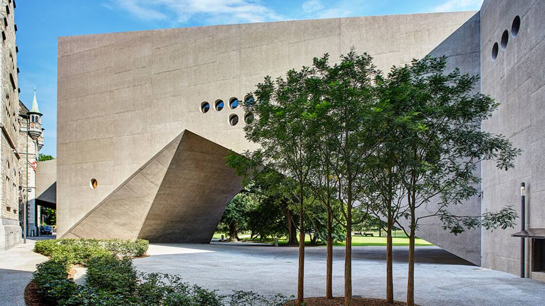 Museum courtyard with view of new building