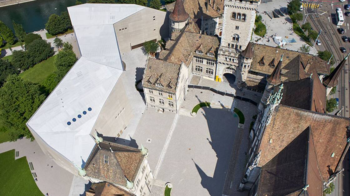 Aerial view museum courtyard