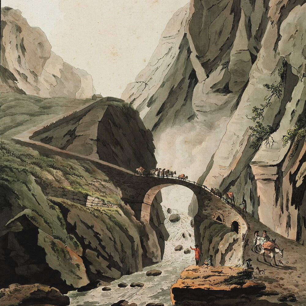 Druckgraphik. Umrissradierung koloriert. Teufelsbrücke. Uri. Um 1790. ©Schweizerisches Nationalmuseum Druckgraphik. Umrissradierung koloriert. Teufelsbrücke. Uri. Um 1790. ©Schweizerisches Nationalmuseum