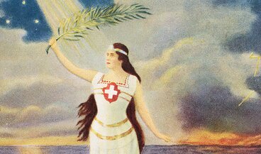 © Postkarte, Helvetia mit der Rotkreuzfahne, 1924, Lichtdruck auf Halbkarton, Schweizerisches Nationalmuseum