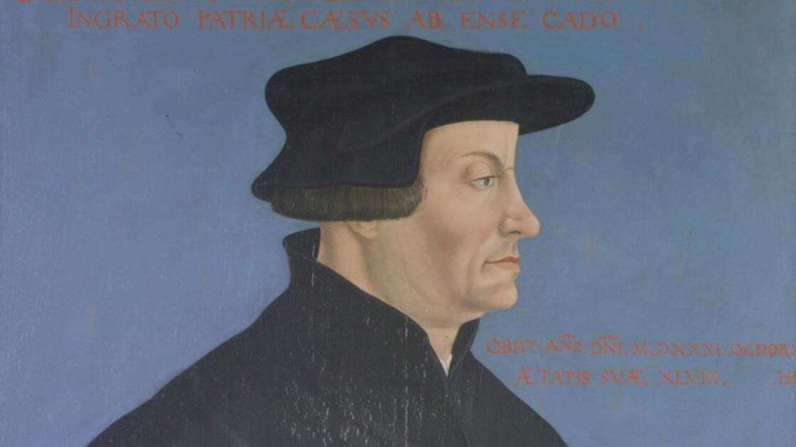 Gemaltes Porträt des Reformators Huldrych Zwingli.