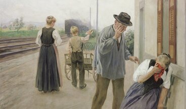 Painting from the permanent exhibition "History of Switzerland" showing the parting pain of a family emigrating.