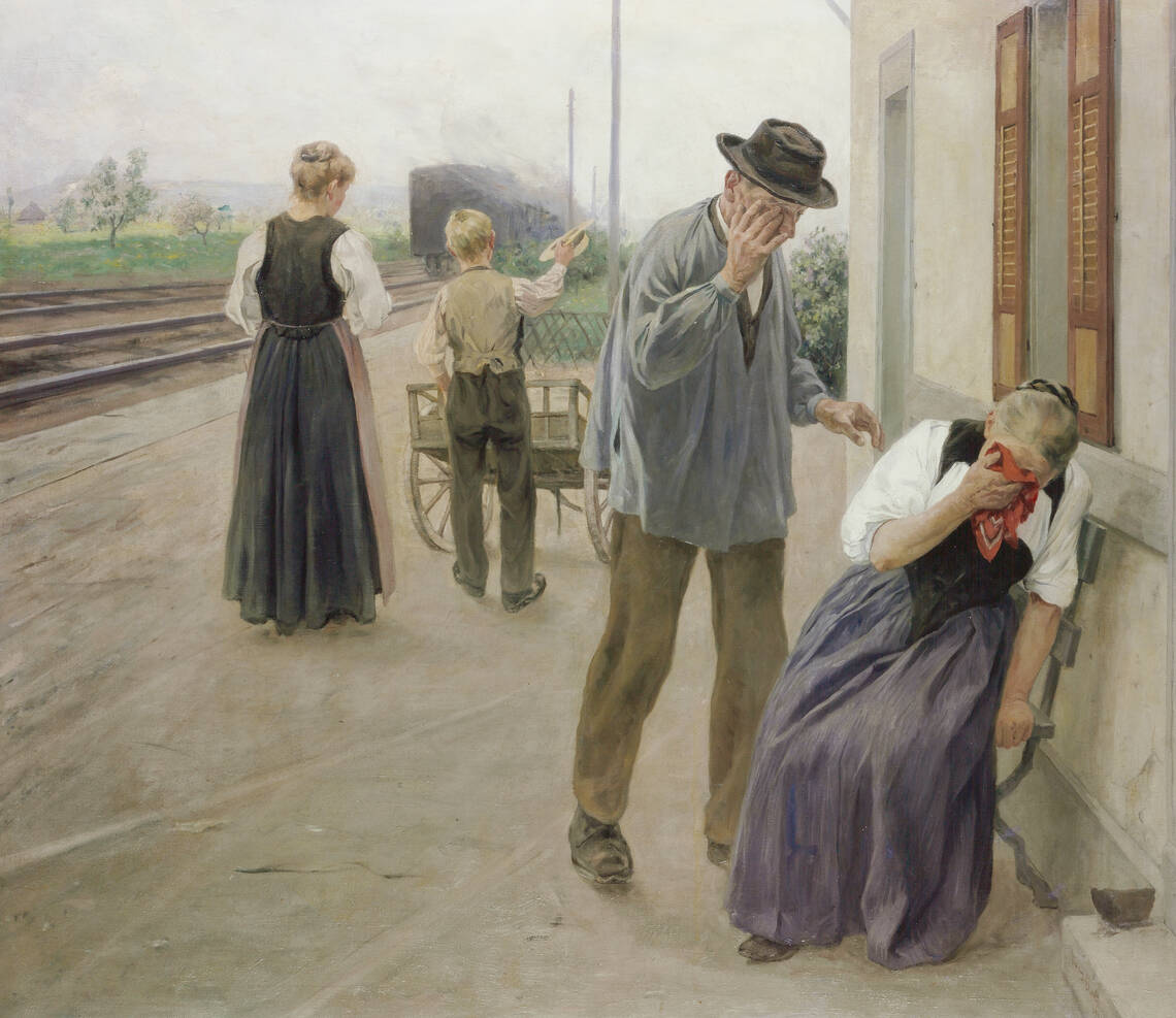 Painting from the permanent exhibition "History of Switzerland" showing the parting pain of a family emigrating.