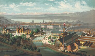 Druckgraphik zur Schweizerischen Landesausstellung in Zürich, 1883. Vorne das Ausstellungsareal, der Platzspitz, hinten die Stadt, der See und Berge. 