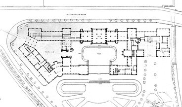 Plan des Erweiterungsprojekts von 1915. Gustav Gull sah vor, im Osten einen neuen Gebäudetrakt anzubauen und im Westen den Vorplatz mit einem Gebäudeflügel zu umschliessen.