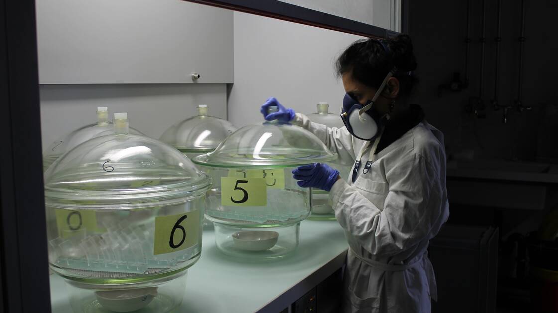 Mrs. Sharma preparing the aging set up of the artificial corrosion experiment of model glass